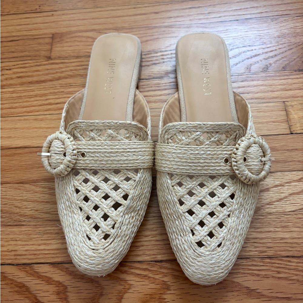 Nine West Woven Cream Slip-On Mules with Round Buckle